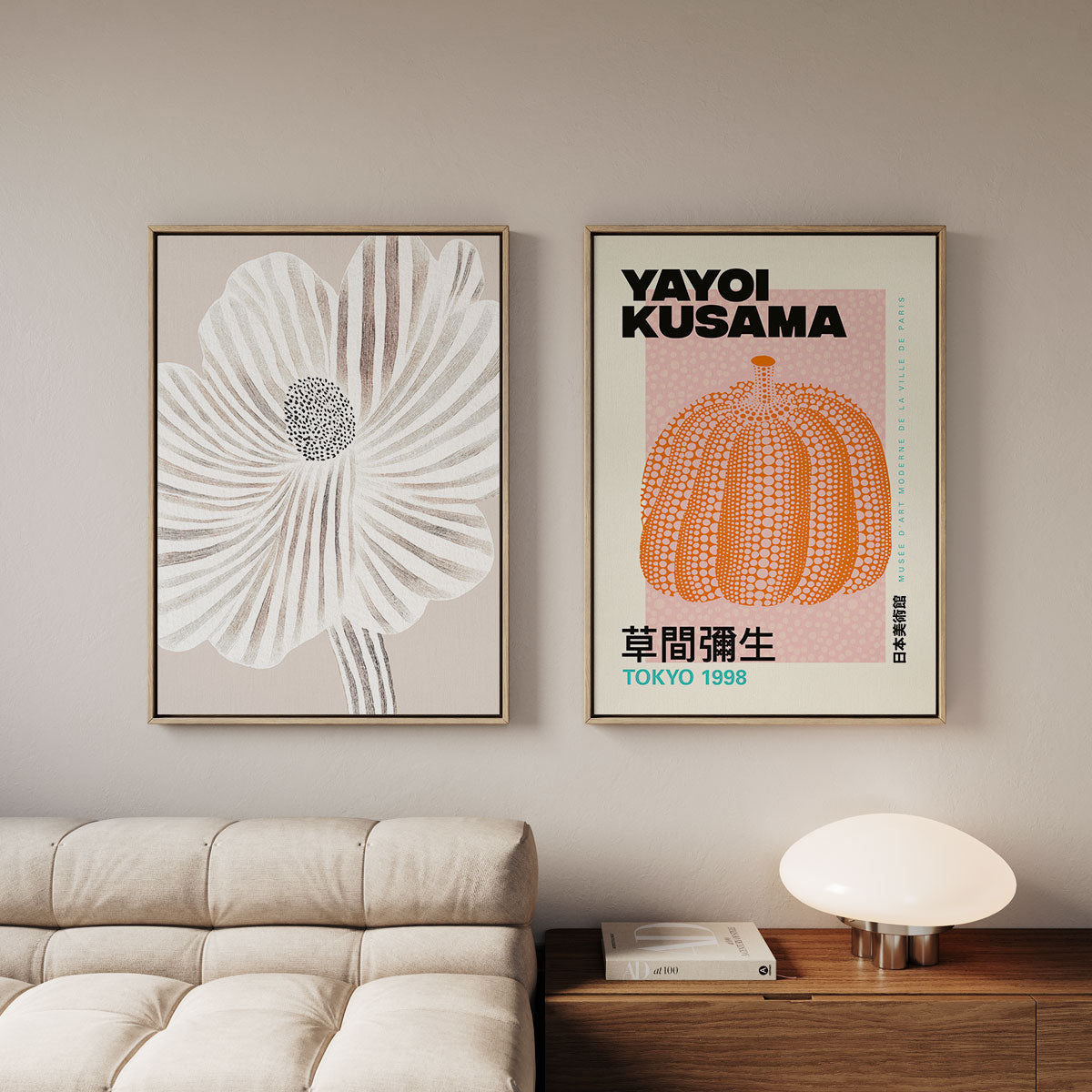 Canvas Print with Floating Frame – Yayoi Kusama – Pumpkin 01 – in einem modernen Interieur