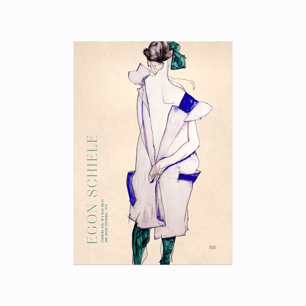 Egon Schiele – Standing Girl in a Blue Dress and Green Stockings art poster